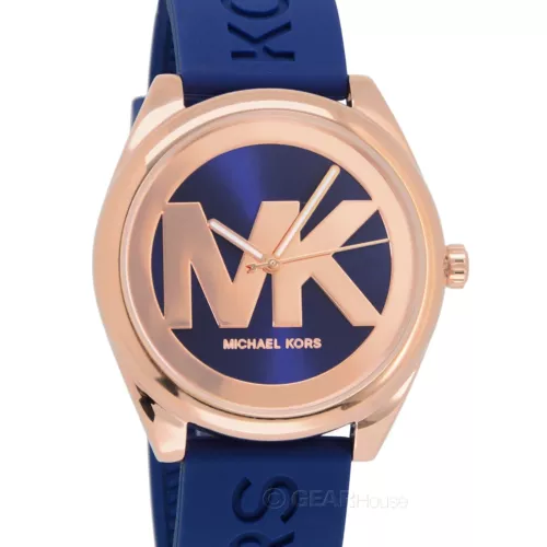 Michael Kors Womens Janelle Rose Gold Watch, MK Logo Dial, Blue Silicone Band