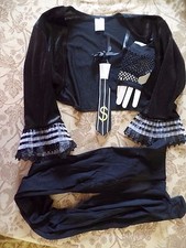 womens NEW black TOP HALLOWEEN WEAR LACE TRIM SMALL NECKTIE WRISTLETTES TIGHTS n