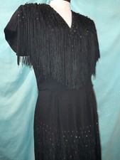 Vtg 1940s Black Rayon Crepe SEQUIN FRINGE Floor Cocktail Evening Gown Dress M