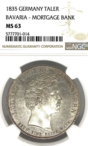 German States Bavaria 1835 Taler Coin Thaler NGC MS 63 VZ/STG UNC MORTGAGE BANK