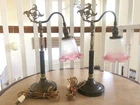 A Pair of Vintage Adjustable Gooseneck Victorian Pink Tulip Frosted Table Lamps