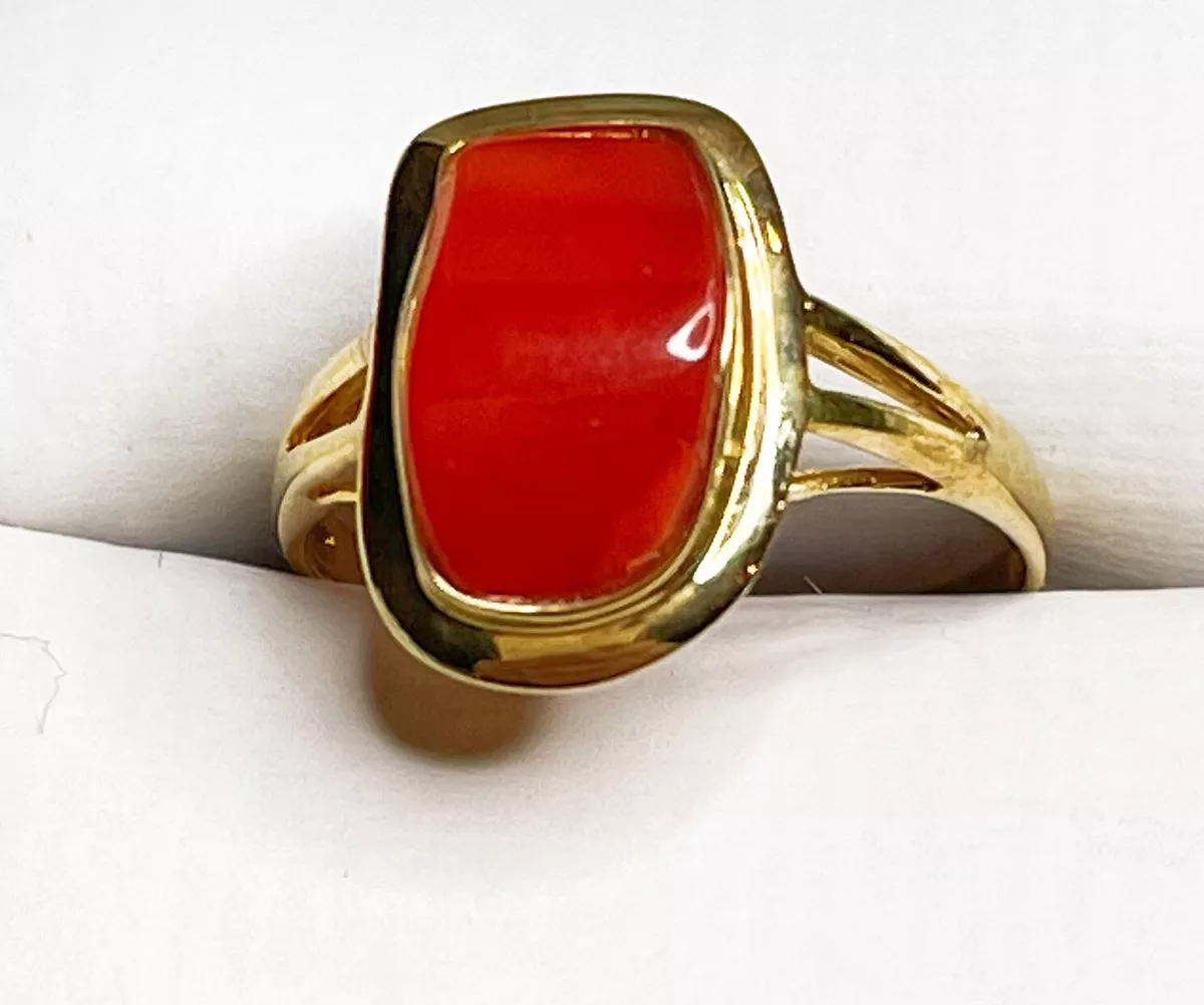 Oval Cabochon Cut Red Coral Ring 14K Yellow Gold