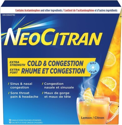 NeoCitran Extra Strength Cold and Congestion for Non-Drowsy Relief, Lemon, 10 Ct