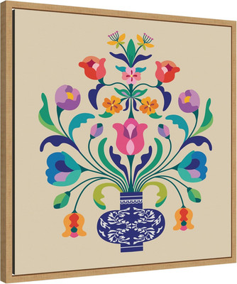 Whimsical Floral Blue Vase Canvas Art in Sylvie Natural Frame, 22x22