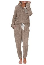 Two Piece Outfits for Women Lounge Sets Button X-Large Long Sleeve -2 Khaki