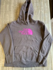 The North Face Hoodie Women s Large Gray Pink Logo Pullover Fleece Sweatshirt