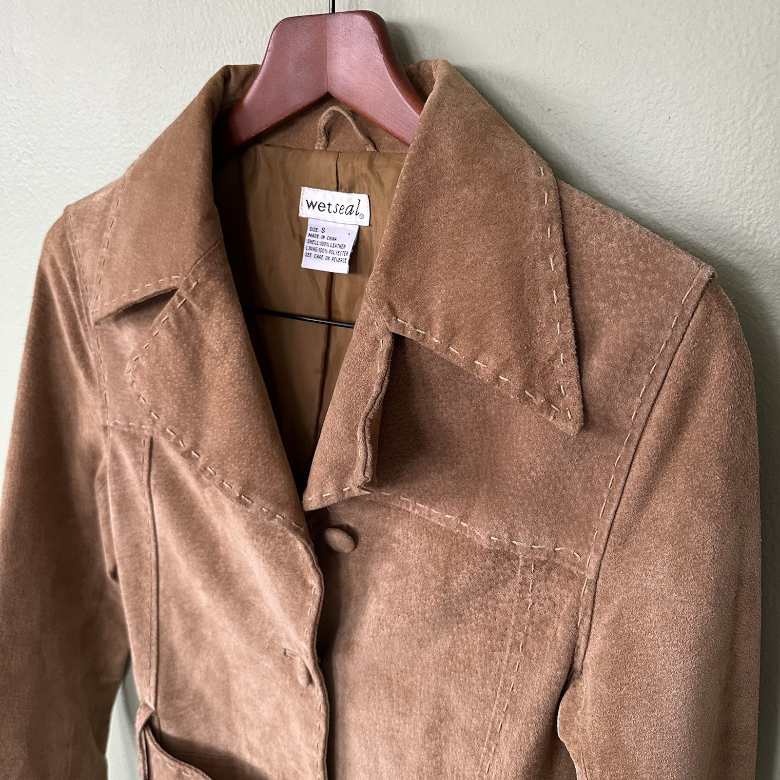 VTG Y2K Wet Seal Suede Leather Wide Belted Stitched Detail Coat Jacket Sz Small