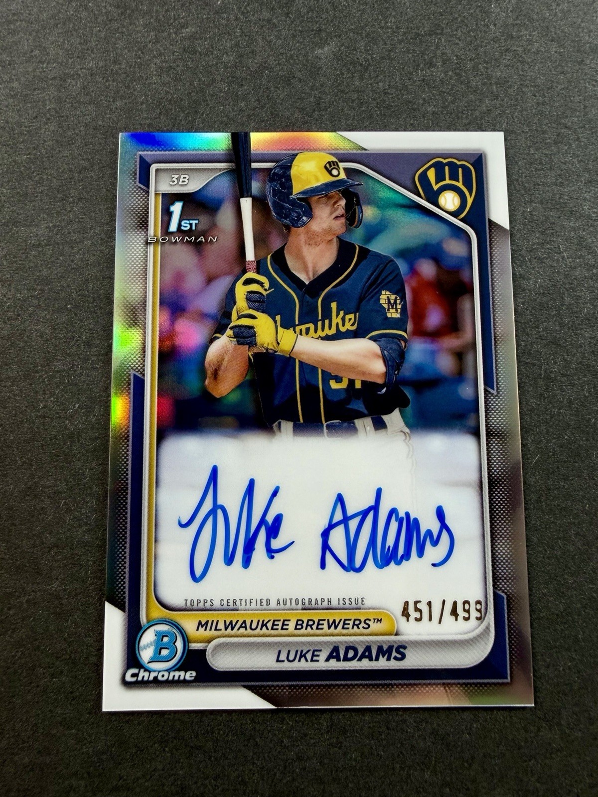 Luke Adams 2024 Bowman Chrome 1st Auto Refractor /499 Milwaukee Brewers #CPA-LA