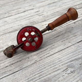 Antique FULTON Hand Drill Egg Beater Wood Handle Red Wheel USA 1900s Works