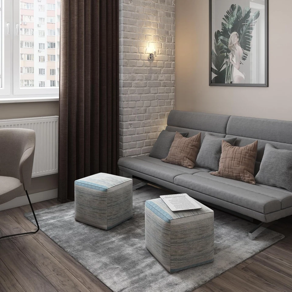 Puf Naya Boho Cube en Algodón Azul Melange para Salón, Dormitorio y Niños Foto 2 de 4