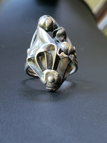 VTG Sterling Silver 925 3D Modernist Floral Flower Ring Unbranded Adjustable