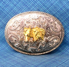 Western Horses Cowboy Belt Buckle Silver Gold Tone Vintage Alpaca Mexico .TAZ184