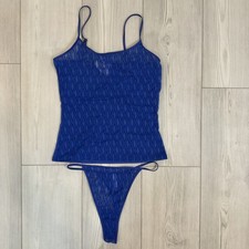 NWT Victoria  s Secret Small Blue Sheer Camisole  Thong Panty Set Diamond Print
