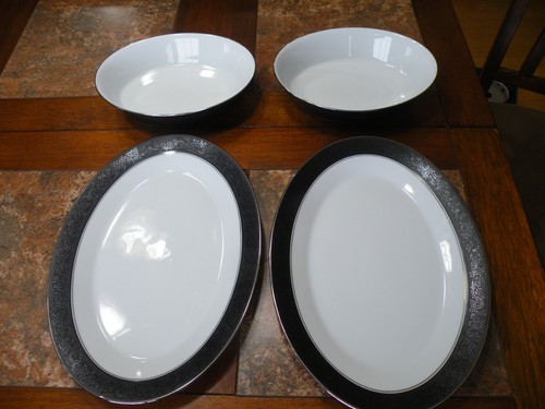 2 Noritake Mirano Black Platinum 6878 Oval Vegetable Serving Bowls + 2 Platters