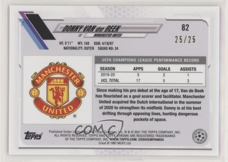 2020-21 Topps Chrome X Steve Aoki UCL Neon Future IV /25 Donny van de Beek #82 - Image 2 of 2