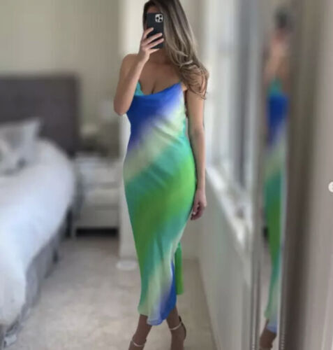 NUEVO CON ETIQUETAS ZARA MULTICOLOR CORBATA SATINADA TINTE CAMISA LENCERÍA DESLIZANTE VESTIDO MIDI - Imagen 6 de 8