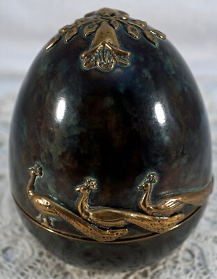 Jorge Bautista Art Nouveau Style Trinket / Jewelry Box Egg with Peacocks Bronze
