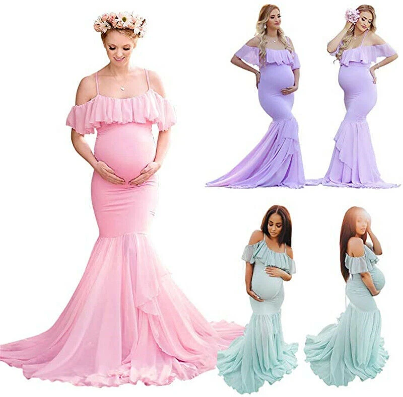 Off Shoulder Ruffle Spaghetti Strap Maternity Dress Mermaid Chiffon Photography  - Image 4 of 4