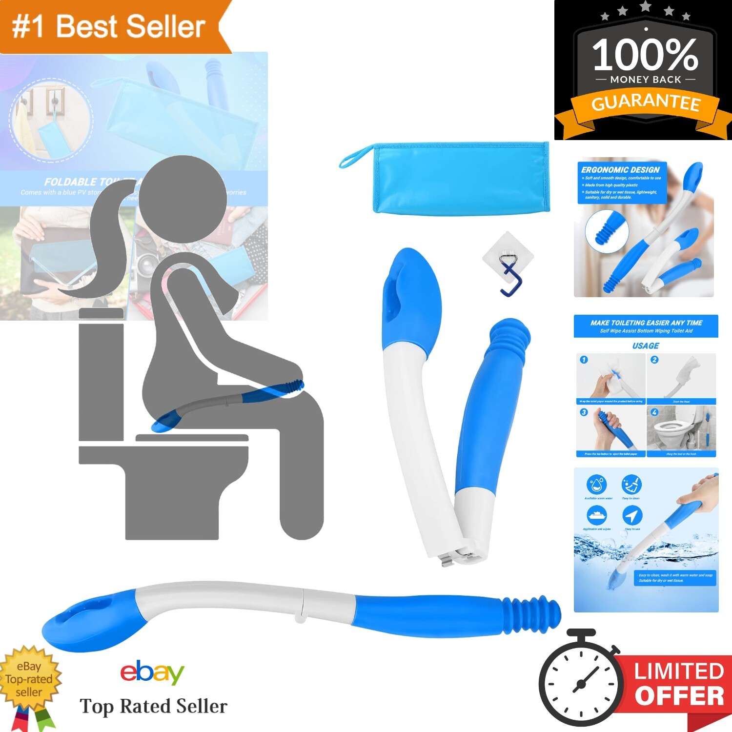 Foldable Toilet Wiping Aid with 15.7” Comfortable Grip - Personal Care Solution