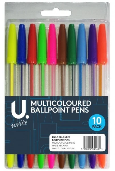 MultiColoured Assorted Ballpoint Pens Bright Colours Home Office School 10  Pack