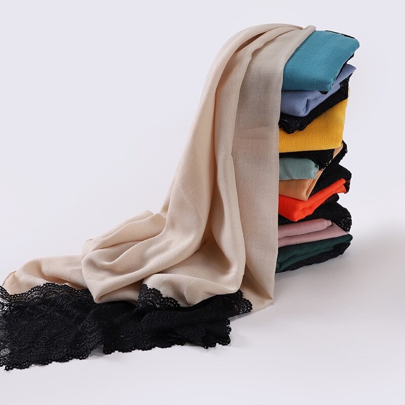 Black Cotton Lace Hijab Scarf Muslim Head Wrap Turban Shawl Wholesale