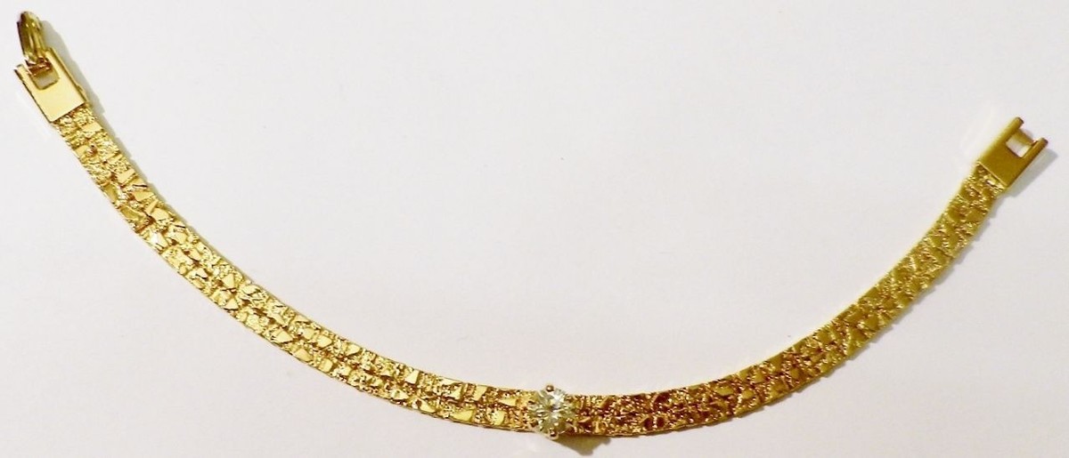 Bracelet Vintage Or Maille Plate Avec Cristal - Bijou Fantaisie - Occasion