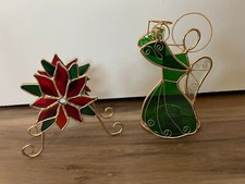 2 Vintage Stained Glass Christmas Angel  Poinsettia Candle Holders Gift Present