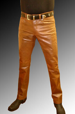 Leather Jeans Pant Real Style Men Tan 