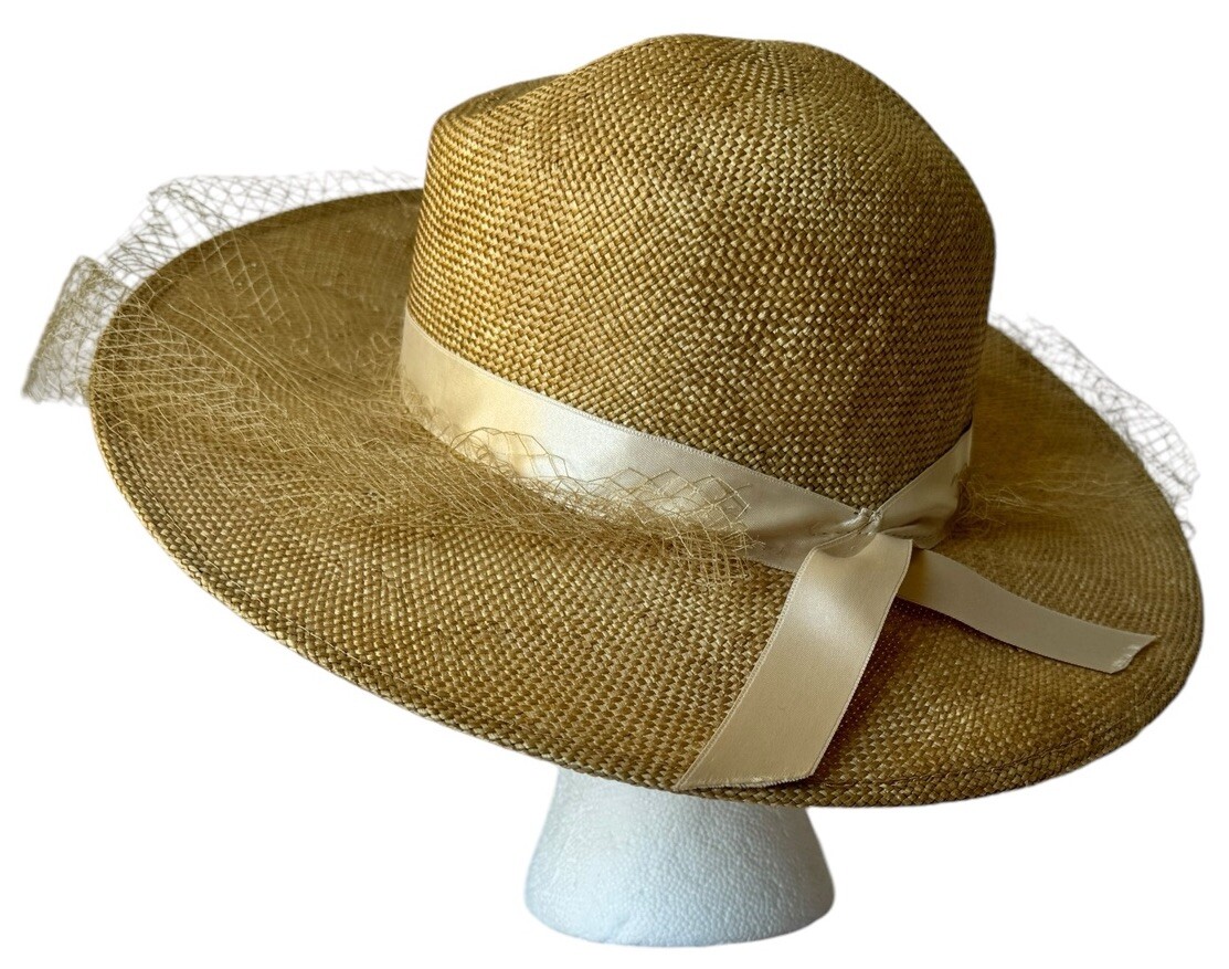 Vintage Mid Century French Straw Wide Brim Hat with Mesh  display picture 2