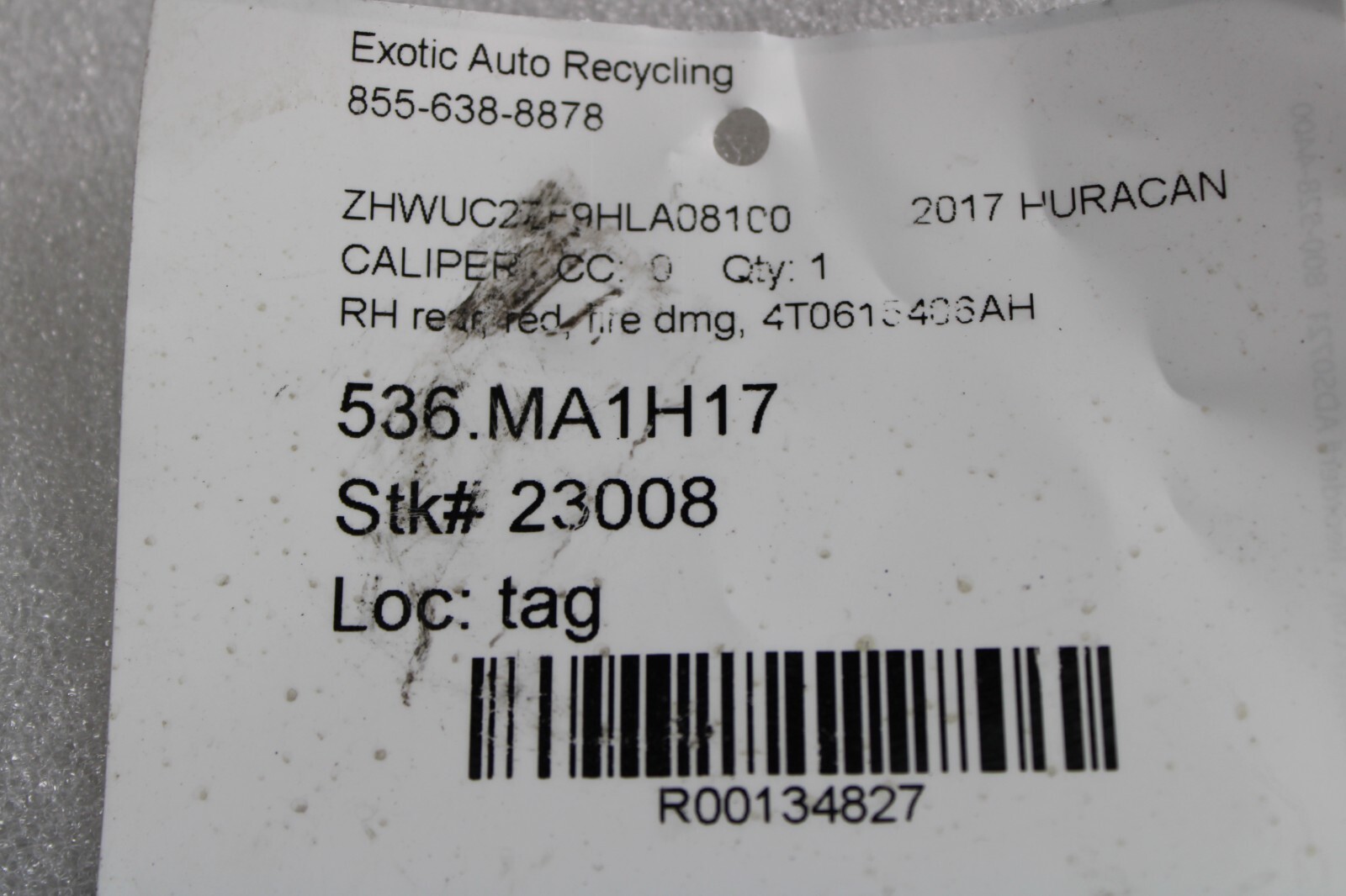 Lamborghini Huracan, LP580, RH, Rear Brake Caliper, Red, Used, P/N 4T0615406AH