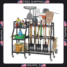 Garden Tool Organizer with 6 Wheels, 2 Baskets, 36 Slots, Hooks