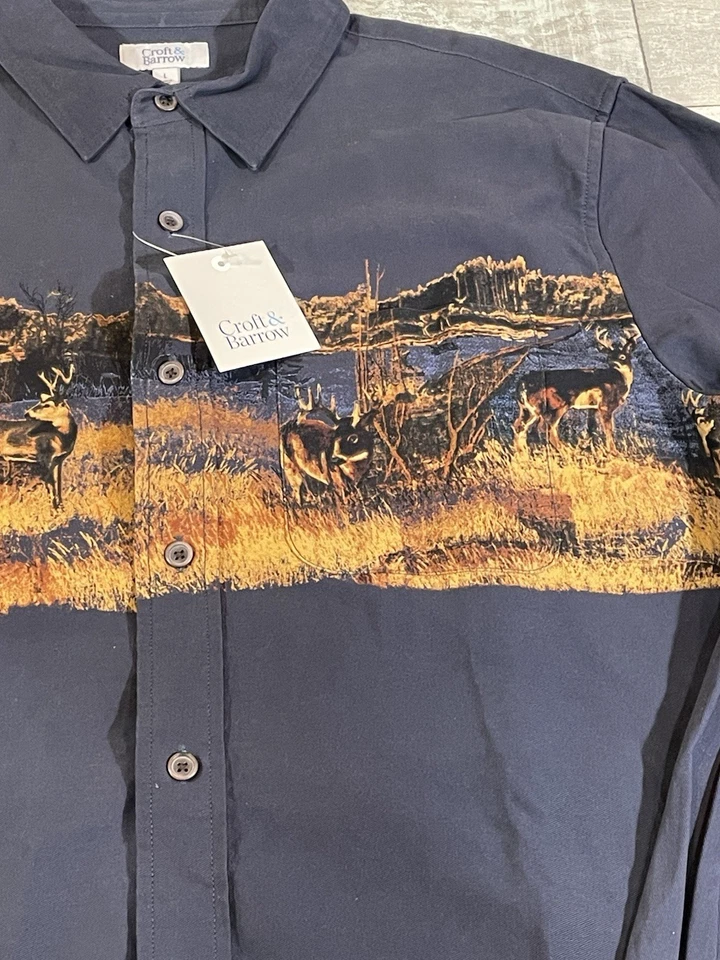 Croft & Barrow Men's Large Button-Down Navy Shirt With Deer & Forest Print - Image 2 of 4