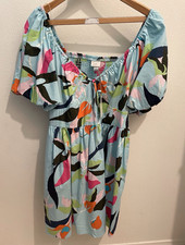 A New Day Blue Multicolor Floral Mini A-Line Dress Square Neck Smocked L