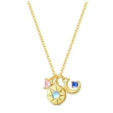 KUNSIR 925 Sterling Silver Gold Sun & Star Pendant Necklace For Women Choker 25"