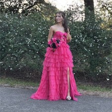 Women's Pink Strapless Tulle Ball Gown Dress, Layered Ruffle Long Formal