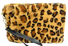 Jane  Berry Fuzzy Leopard Print Wristlet Faux Fur Clutch Y2K Animal Print
