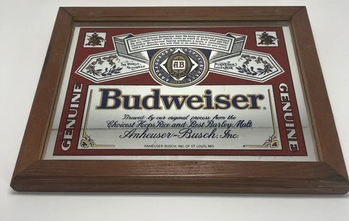 Vintage Budweiser King of Beers Framed Mirror Sign Bar Man Cave Decor 11"x14"