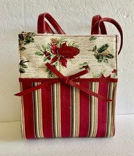 Longaberger Tote Bag Holiday Stripe Botanical Pattern Poinsettia Gift Bag Purse