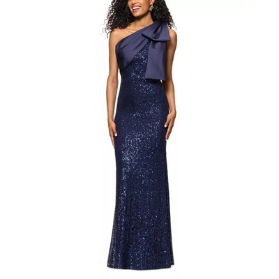 #ad AQUA Women Navy Sequinned Shoulder Bow Evening Maxi Slim Gown Dress Size US 10 $172.80
