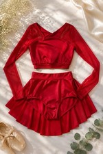 Weissman Adult Small Red Dance Costume Set Mesh Long Sleeve Crop Top Skirt