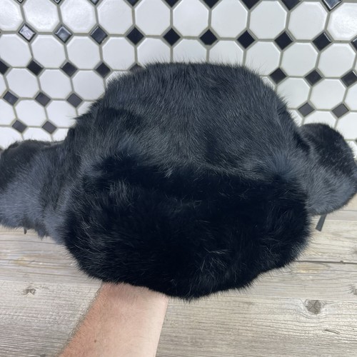 Vintage Rabbit Fur Hat Cap Size XL Winter Trapper Ear Flap Ushanka Jet Black