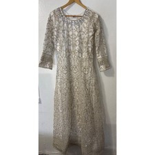 Elegant White  Gold Embellished Maxi Dress Long Sleeve Anarkali Salwar Kameez S