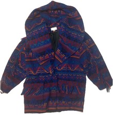 Vintage Southwestern Aztec Knit Coat Poncho S Navajo Toggle Fringe Wool Blend