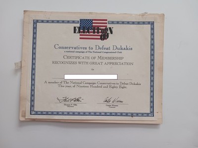 Conservatives To Defeat Dukakis Certificate Appreciation Election 1998