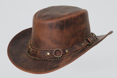 Vintage Brown Leather Cowboy Hat Western Outback Style with Chain Rivets