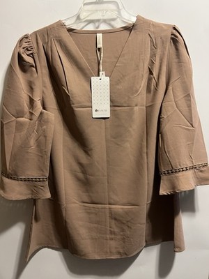 Evaless Women s Dressy Cásual Blouse Classic 3/4Puff Sleeve L Brown New