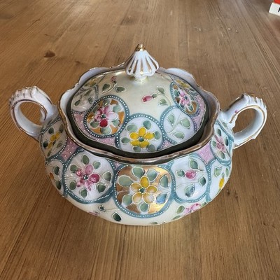 Vintage Handpainted Floral Porcelain Sugar Bowl Tureen Domed Lid 5  Top Opening