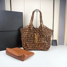 Caramel Brown Woven Open Weave Tote Bag Removable Smooth Leather Inner Pouch