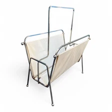 Mid Century Modern White Vinyl and Metal Magazine Book Rack Holder Stand Decor