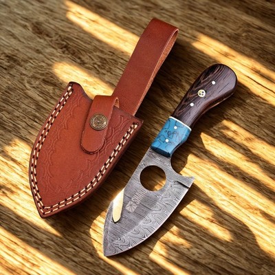 Custom Damascus Hunting Knife Gut Hook Skinner Blue Wood EDC Finger Hole + Sheat